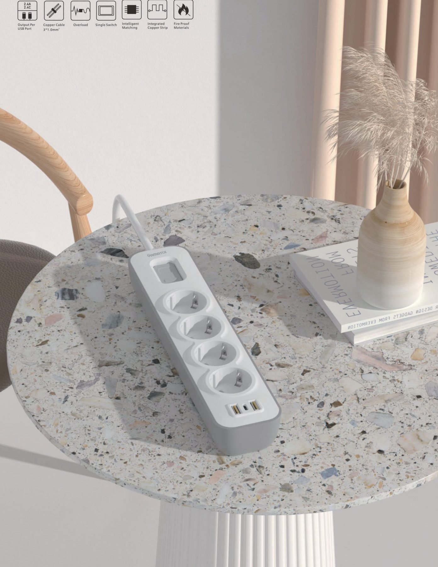 NOVA series power strip photographed in a modern interior from the YAMATIK catalogue