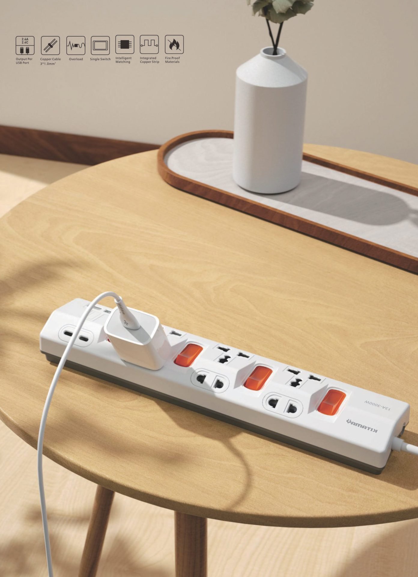 PRIMA universal power strip in a real interior from the YAMATIK catalogue